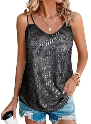Suncife Damen Pailletten Oberteil Tank Glitzer Top Glitzertop Party Frauen, Schwarz, Silber, XXL