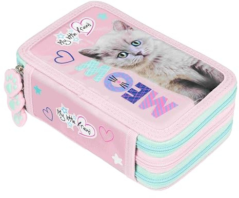 Goldkids - Trousse à 3 compartiments - Trousse pour filles et garçons - Trousse à 3 compartiments - 44 pièces - Trousse d'écolier remplie - Motif chat