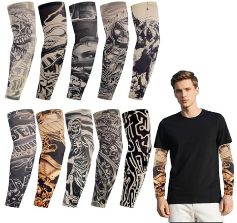 TENGEE 10 Stück Tattoo Ärmel Set,Gefälschte Sonnencreme Armlinge,Armtattoostrumpf Herren Lang,Armtattoostrumpf,Stoff aus Polyester,10 Verschiedene Muster,Geeignet für Erwachsene,Tattoo-liebhaber