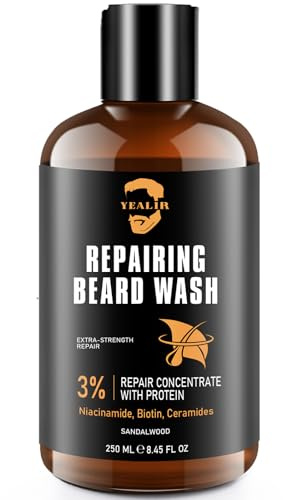 YEALIR Repairing Beard Wash & Shampoo for Damaged Beards - Strengthens, Softens, Thickens & Adds Healthy Shine – With 3% Protein, Biotin, Ceramides & Niacinamide – 8.45 fl oz