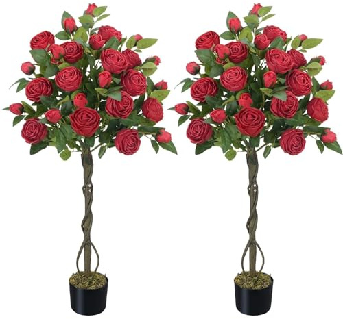 HUAESIN 4FT Fake Flower Tree Rose Tree with 52 Blooming Flowers Artificial Rose Bush Faux Tree Outdoor Indoor Decorative Trees for Home Decor Living Room Front Porch Farmhouse