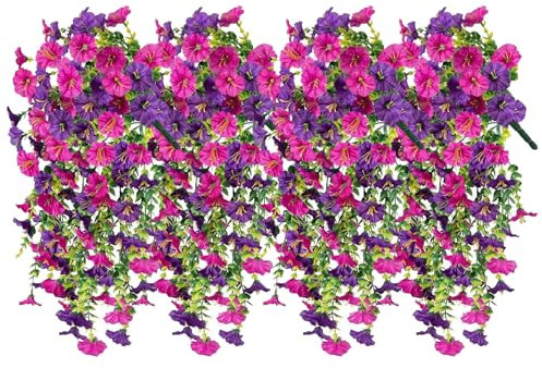 Satiskid 4PCS Artificial Hanging Flowers, UV-Resistant Fake Hanging Flowers, Simulation Purple & Pink Petunia Vine for Wall Home Room Garden Yard Patio Wedding Indoor Outdoor Decoration