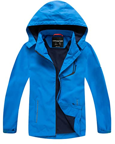 YoungSoul Boys Girls Waterproof Jackets Kids Lightweight Fleece Lined Raincoat School Coats with Detachable Hood Blue 12-13 Years/Size 160