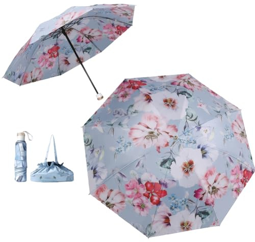 Meichoon UV Protection UPF50+ Umbrella Portable Lightweight Waterproof Double Layer Sunshade Enhanced Windproof Design Retro Classical Flower Vintage Style for Women Travel with a Handbag