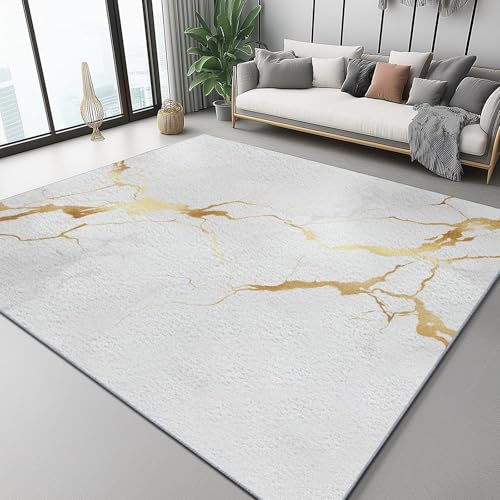 Tappeto Moderno Soggiorno 60 X 90 Cm, Pelo Corto Morbido, Lavabile E Antiscivolo – Tappeto Decorativo Bianco Oro Lusso Leggero Motivo Dorato Marmo Per Camera Da Letto, Sala Da Pranzo, Cameretta
