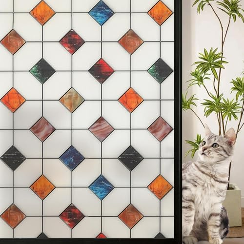 dktie Fensterfolie Blickdicht Sichtschutzfolie Fenster Milchglasfolie Buntes Karomuster Statische Aufkleber ohne Klebstoff Wiederverwendbar Geeignet für Wohnzimmer, Küche 90x200cm