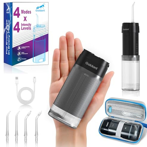GOLDANT 2026 New Portable Water Flosser for Teeth, 4 Modes & 4 Intensity Levels, Mini Small Design with Exquisite Travel Case, Removable Tank, IPX7 Waterproof, Cordless Dental Oral Irrigator (Black)