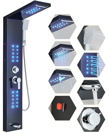 Votamuta Shower Panel Contemporary Shower Tower with LED Shower Head System Full Body Shower Jets Wall Mounted Shower Panels Stainless Steel Shower Faucet Set Matte Black