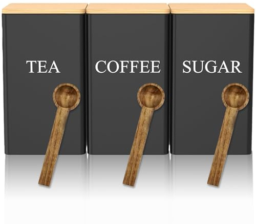 Juego de 3 botes cuadrados para té, café y azúcar, juego de recipientes de cocina vintage de 1 litro, tarro de almacenamiento de metal, con tapa hermética de bambú para cocina, despensa, sala de estar