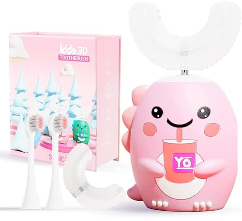 U-Förmige Elektrische Kinderzahnbürste mit 4 Bürstenköpfen, Kinder-Schallzahnbürste mit 5 Modi, Cartoon-Dinosaurier-Design, 360-Grad-Reinigung, IPX7 Wasserdicht (Für 6-12 Jahre (Rosa))