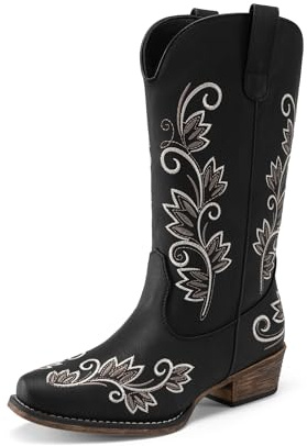 DREAM PAIRS Women's Cowboy Cowgirl Western Mid Calf Boots Square Toe Embroidered Stitched Pull On Country Boots with Low Chunky Heel,Size 9,Black,SDMB26002W