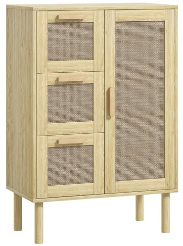 HOMCOM Möbel salle de bain rangement bohème avec tiroir et placard, étagères ajustables, porte à rotin, armoire pour salle de bain, salon ou cuisine 55x30x82 cm chêne