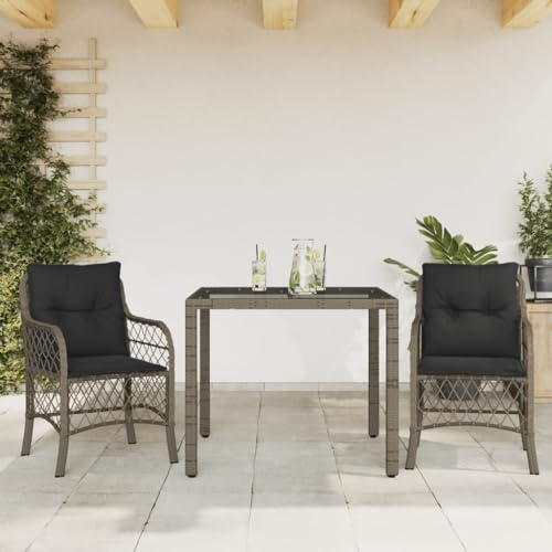 Ziaphsol Ensemble bistro 3 pièces avec coussins gris - Mobilier de jardin en polyrotin résistant aux UV - Pour balcon, terrasse, cour - Charge maximale : 110 kg par siège