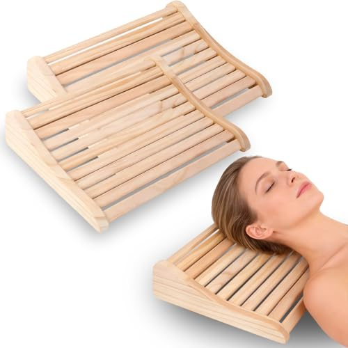 Sosisul 2 Stück Sauna Kopfstütze Holz, Ergonomische Saunakopfstütze Holz, Kopfstütze Sauna Holz für Sauna mit Luftzirkulation & Rutschfester Basis, Für alle Saunatypen inkl. Infrarotkabine & Dampfbad