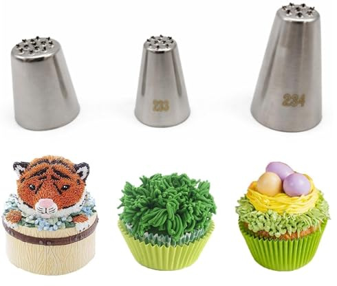 Grass Piping Nozzles Set – 3 PCS Stainless Steel Cake Decorating Tips 233 234 M24 – Russian Icing Nozzles for Cupcakes, Buttercream, Fondant, Pastry and DIY Baking Decoration Tools (Silver)