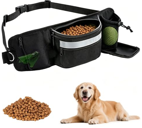 yolzhxe Sac à Friandises pour Chien, Multifonction Sac Banane Canine, Noir | avec Distributeur de Sacs à Déjections et Réflecteurs, Pochette de Dressage pour Chien pour Promenades, l'éducation Canine
