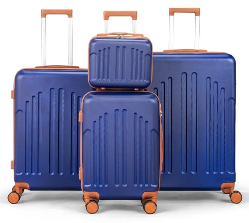 LEADZM Set di Valigie Rigide 4 Pezzi con Beauty Case, Set Valigie in ABS, Luggage Suitcase Grande 23 kg con 4 Ruote Girevoli Doppie (Blu Navy-Marrone)