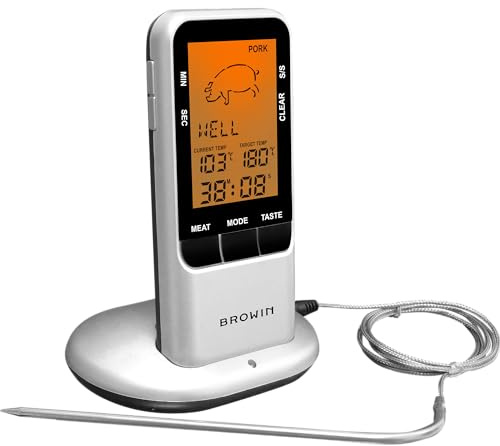 Browin 186009 Kabelloses Lebensmittelthermometer von -50°C bis 300°, Sonde - 16,5 cm, LCD Bildschirm, Thermometer zum Kochen, Grillen, Backen, Braten und Räuchern