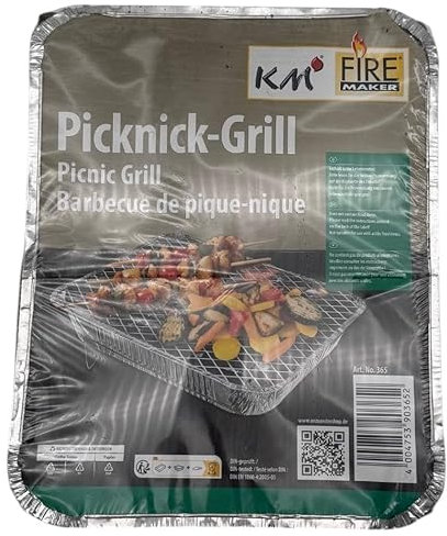 KM Firemaker Griglia usa e getta – Confezione da 1 – Con 450 g di carbone e carta di accensione – Pronta per picnic, campeggio e grigliate – Barbecue istantaneo Art. 365 (1)