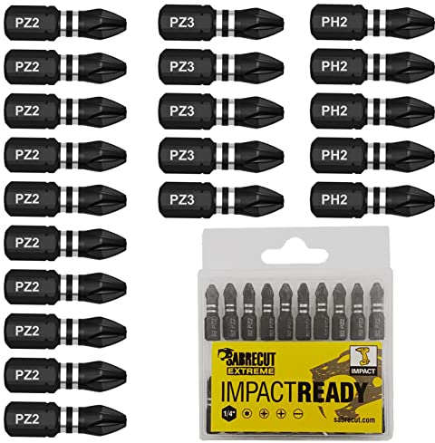 20 x SabreCut SCPB25_20 25mm PZ2 PZ3 PH2 Impact Screwdriver Driver Bits Set Single Ended PoziDriv POZI No.2 No.3 Phillips No.2 Heavy Duty Including Storage Box