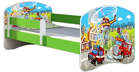 ACMA Kinderbett 160x80 Jugendbett mit Matratze, Farbe Grün, Rausfallschutz Lattenrost II Spielbett Kinderzimmer Möbel, 36 Feuerwehr