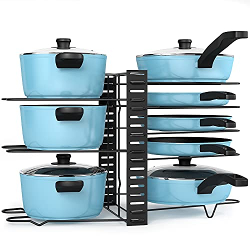 Liesun Contenitore Acciaio al carbonio per pentole nell'armadio con 8 scomparti regolabili, coperchio casseruola, per cucina piatto, Nero