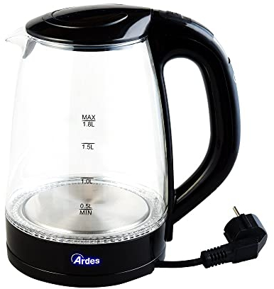 ARDES - Bouilloire Électrique AR1K47 en Verre Borosilicate - Bouilloire Électrique Capacité 1,8L avec Arrêt Automatique - Bouilloire Électrique Sans Fil Base Rotation 360° - Eau Tisane Tisane