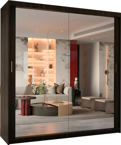 MN Furniture Double Sliding Doors Wardrobe Bedroom Furniture Cupboard Clothes Storage Organiser Hanging Rail Shelves (90 CM, WENGE)