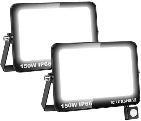 SKYWORLD Strålkastare med rörelsedetektor PIR, 2 stycken 150 W 15000 LM LED utomhusstrålkastare, IP66 vattentät strålkastare, strålkastare utomhu 6000 K kall vit för trädgård innergårdar garage