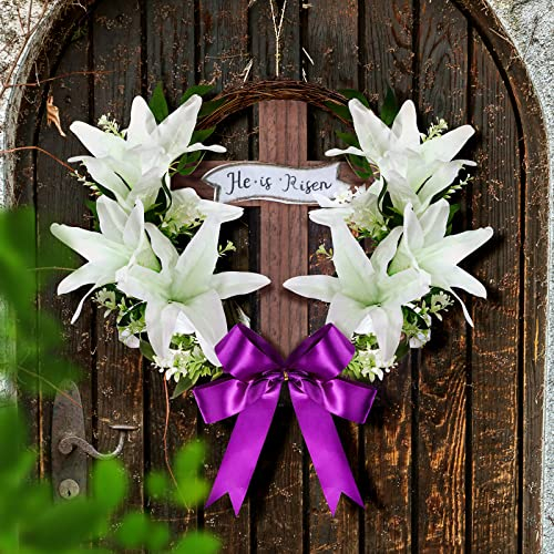 Panelee 45,7 cm großer Osterkranz für Haustür, Kreuzkranz, christliche Oster-Hängedekorationen, He Is Risen, religiöse, künstliche Lilien, Lavendel, Eier, Weinreben, Schild für Frühling, Zuhause