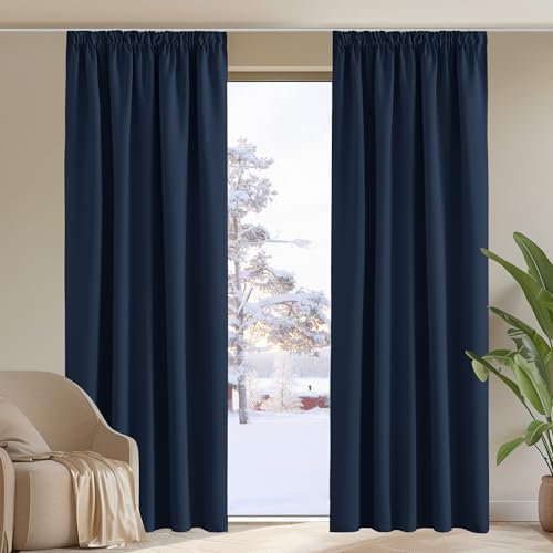 PONY DANCE Blackout Curtains for Living Room - 90 Inch Drop Extra Long Thermal Curtains Pencil Pleat Soundproof Drapes for Kids Bedroom Living Room, Navy Blue, 2 Panels, W90 X L90