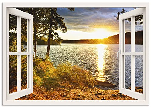 ARTland Wanddeko Wandbild Alu Verbundplatte für Innen & Outdoor Bild 130x90 cm Fensterblick Fenster Landschaft Natur Wald See Sonnenuntergang Wolken K2RH