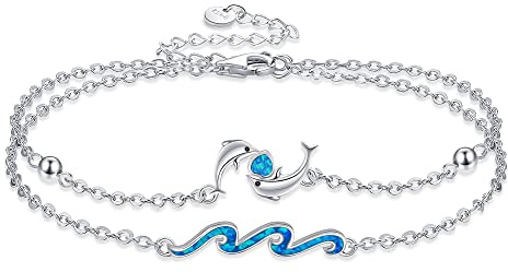 ONEFINITY Bracelet tortue/baleine/dauphin pour femme en argent sterling 925 bleu opale vague réglable océan superposé bracelet plage bijoux cadeau, 7+2 Zoll, Argent sterling, Opale