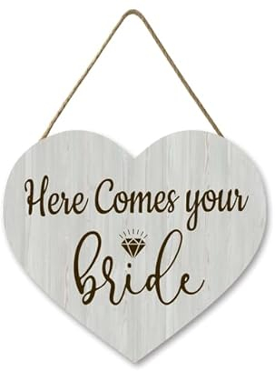 Horienteeon Panneau en bois en forme de cœur avec inscription « Here Comes The Bride » - Décoration de mariage, pour demoiselle d'honneur, porte-bague - Panneau de bienvenue en bois rustique - 30 x 27