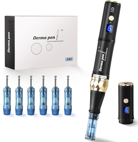 Dermapen Microneedling Pen A8S, Drahtloses Microneedling Gerät mit 6 Geschwindigkeitsstufen, Microneedling-Stift für Narben Akne Falten Dehnungsstreifen Haarausfall (Inkl. 6 Stück Micronadeln)