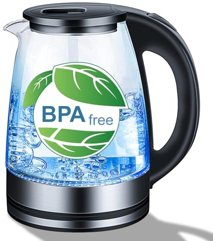 Electric Kettle, Glass Water Kettle with Blue LED, 1.8 Liter Cordless Kettle, Boil-dry Protection, BPA Free, Fast Boil, Auto Shut-Off, Black