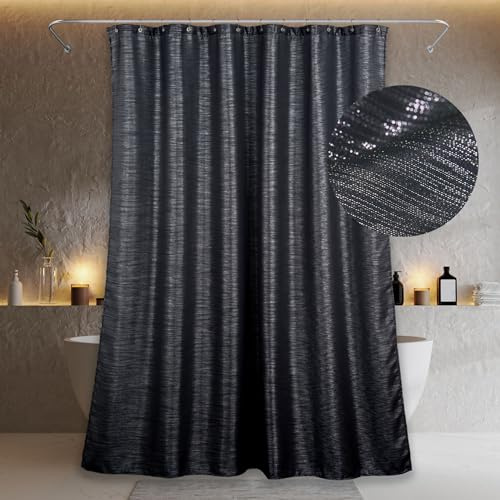 Schwarze schimmernde Duschvorhänge, wasserdicht waschbar, 183Lx183W | Metallisch schimmernder glatter Satinstoff, funkelnde glänzende Luxus-Deko für Weihnachten, Geschenk für Frauen & Mädchen