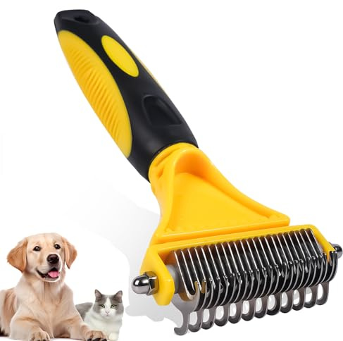 NursCare Pet Grooming Brush, Double Sided Undercoat Rake for Dogs & Cats, Professional Deshedding Brush and Dematting Tool. (Yellow)