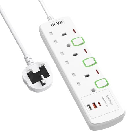 Extension Lead with USB Slots, BEVA 3 Way Plug Extension With 2 USB-A and 1 USB-C, Individual Switched Extension Socket Mountable Power Strip with 1.5M Cable
