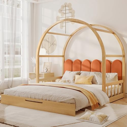 Soweiz Schiebebett, Kinderbett, Erweiterbares Gewölbtes Dachbett, Tagesbett, Doppelbett, Samtkissen, Rahmen aus Kiefernholz, Natur und Orange (140x100cm/140x200cm)