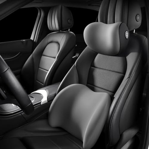 LUCKKY Car Lumbar Support Pillow and Car Neck Pillow Kit, Ergonomische Kopfstütze und Lendenkissen für Autositze, Memory Foam Sitzkissen Auto, Lendenwirbelstützkissen mit verstellbarem Riemen (Grau)