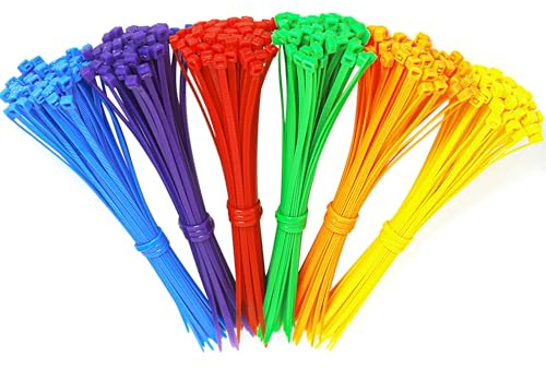 AIMUNOK 300 PCS Colored Garden Cable Zip Ties 8 inch, 50 lbs Strength, Multicolor Self-Locking Nylon Zip Ties for Marking Chickens Legs or Deco Mesh Wreath Supplies Orange,Red,Yellow,Blue,Green,Purple