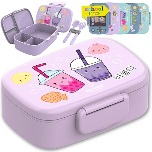 BEARFOOT Lunchlåda för barn med fack, BPA-fri, lunchlåda, bentolåda, matlåda för flickor och pojkar, snackslåda, 100 % läckagesäker, vesperlåda för dagis, skola (BubbleTea-lila)