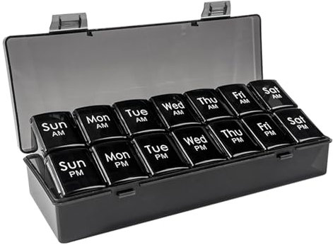 MMSGA Tablettenbox 7 Tage 2 Mal Täglich, Medikamentenbox, Personal Tablettenspender, 14 Extra große Fächer, Portable Travel, für Medikamente/Vitamine/Fischöle/Ergänzungen (Schwarz, 14-Gitter)