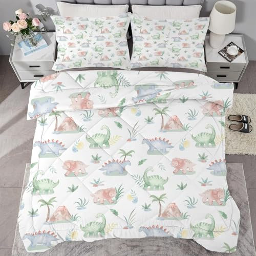 buyluhn Piumino completo con dinosauro, reversibile, per tutte le stagioni, per letto matrimoniale, lavabile in lavatrice, per letto matrimoniale, estate e inverno, leggero, 2 federe