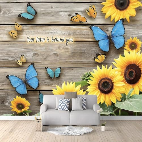 Fototapete Holzbrett Blumen Schmetterling Vlies Fototapete Braun Gelb Tapete 3D Vlies Wanddeko Wallpaper Wandtapete Dekoration 350 x 256 cm Geeignet Study Zimmer Wohnzimmer Restaurant Cafe