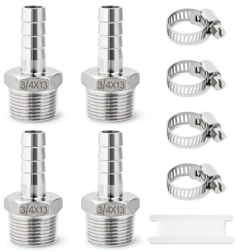 Josaton Barb Hose Fitting 4Pcs Stainless Steel 3/4” Male x 13mm Barb | Hose Barb Connector with Hose Clamp 4 Set Barb Pipe Fitting for Air Water Fuel