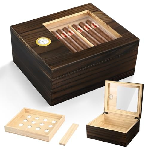 LIFEJXWEN Cave à cigares - Boîte de rangement en bois à double paroi - Avec cloison et hygromètre numérique - Accessoire cadeau pour les personnes âgées (25 à 50 cigares)