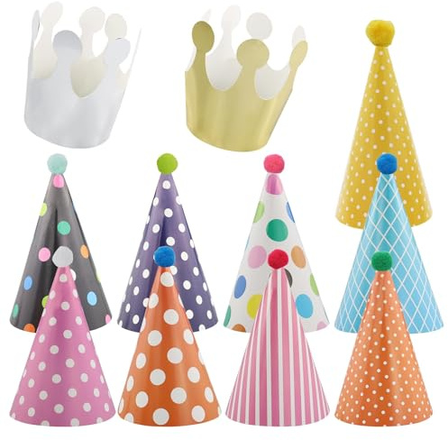 EASYKEENECOM 11 pièces Chapeaux de fête d'anniversaire avec pompons, chapeaux de fête chapeaux de vache de fête, chapeau d'anniversaire couronne d'anniversaire pour enfants, décoration d'anniversaire