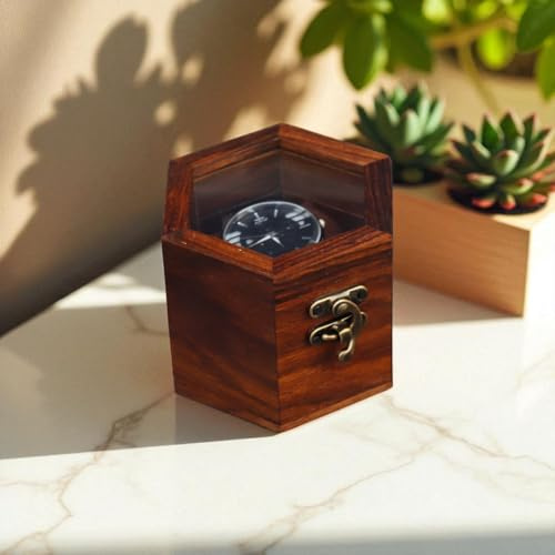 Creation India Craft Caja expositora de madera para reloj, construcción de palisandro y arce, tapa de cristal con cerradura vintage, estuche de almacenamiento de joyas, hecho a mano de arce y